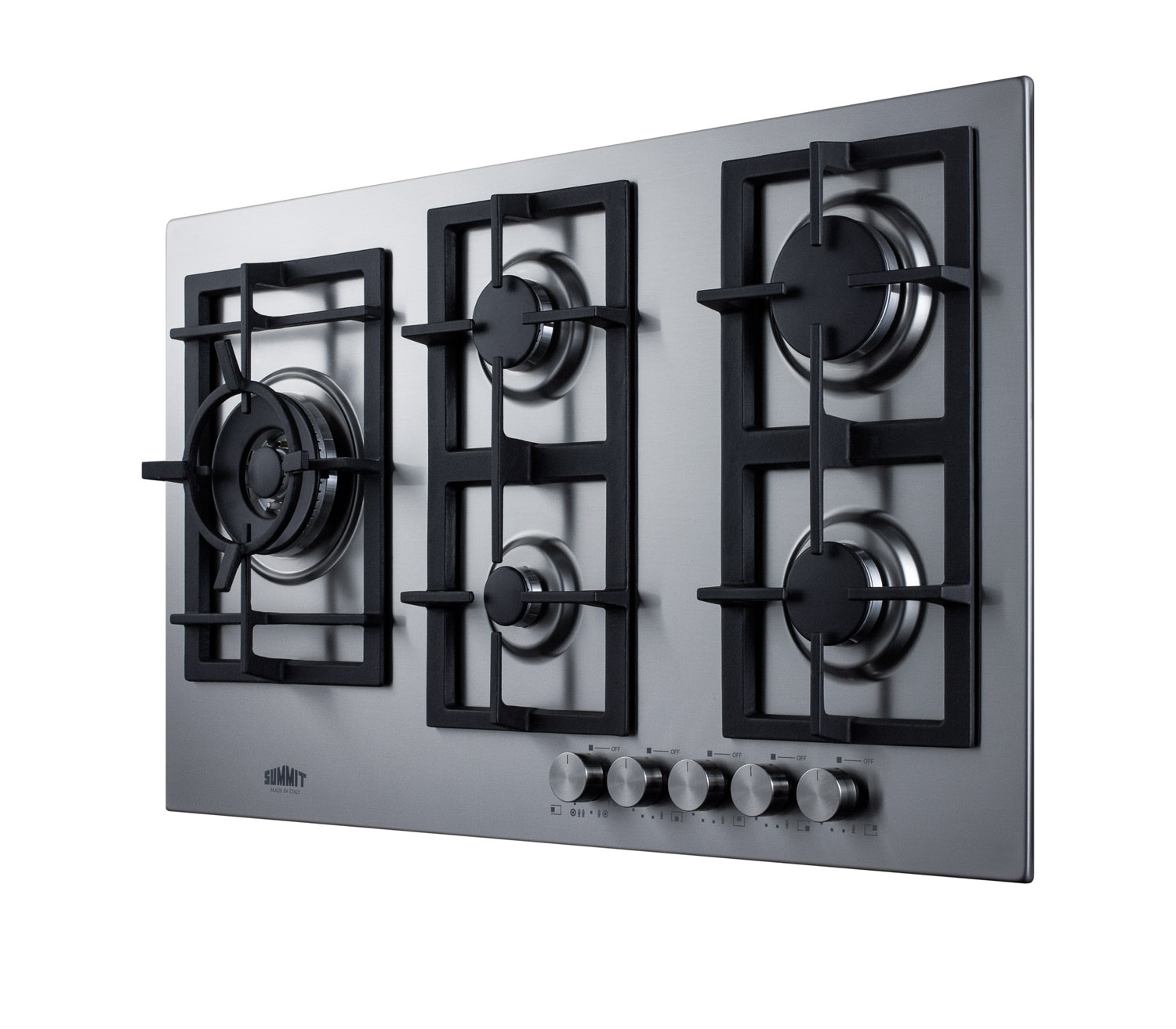 5-burner LP gas cooktop made in Italy with sealed burners, multiple heating outputs, a 304 grade stainless steel surface, and continuous cast iron grates